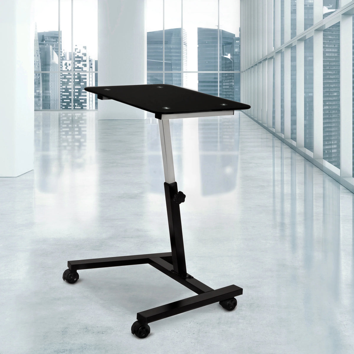 Black Tempered Glass Height Adjustable Mobile Laptop Desk Cart C490323