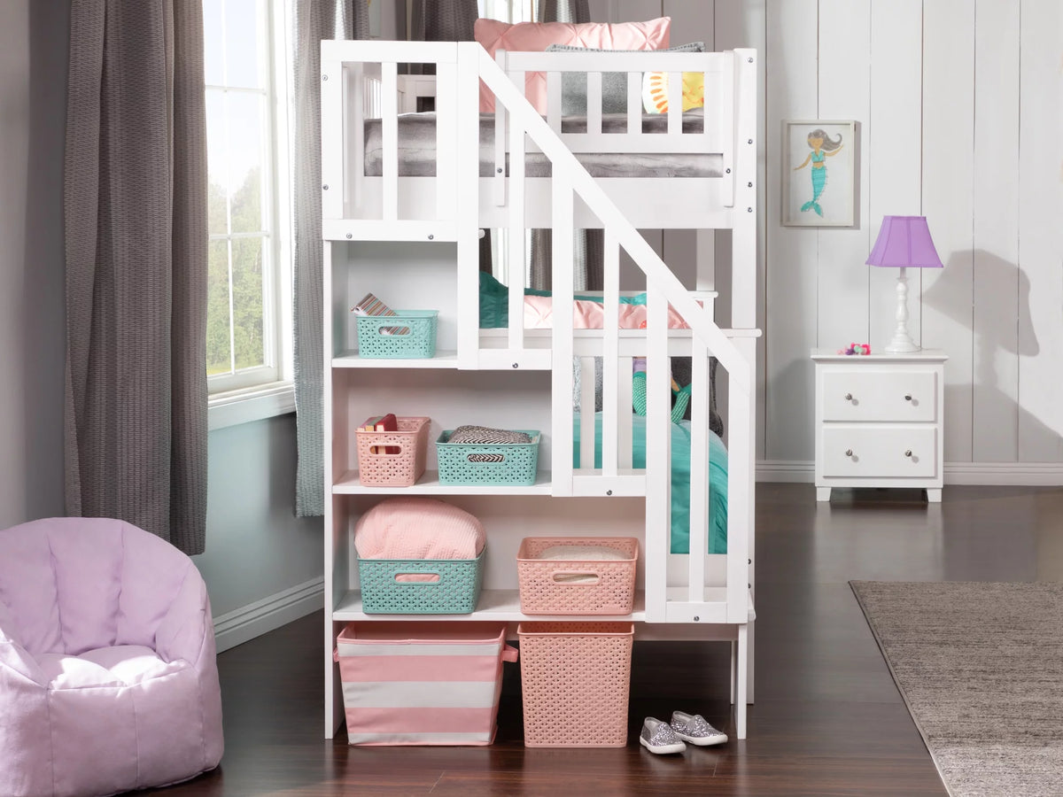 Twin Over Twin Solid Wood Staircase Bunk Bed in White Q745