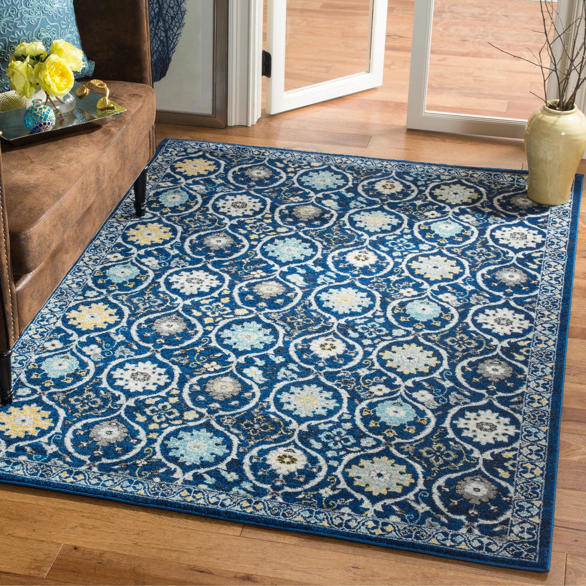 Ivory Blue Floral Geometric Area Rug 8' x 10' I76993