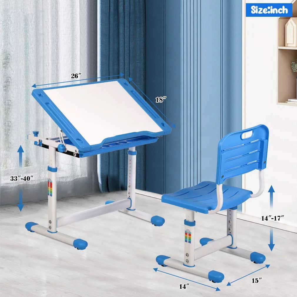 Kids Desk and Chair Set with Tilt Desktop, Height Adjustable, Storage Drawers, Blue N222