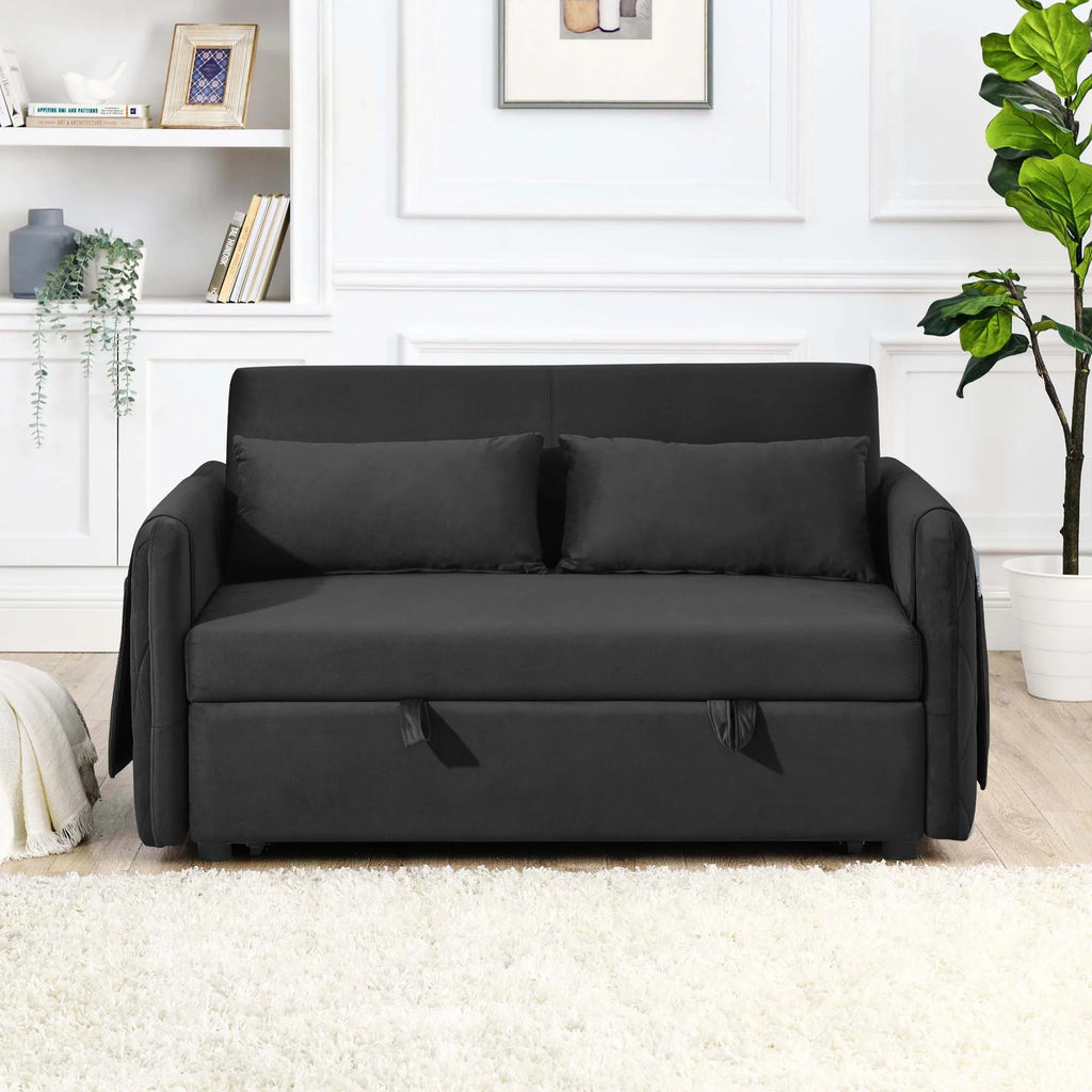 Black Pull Out Loveseat Sofa Bed with 2 Detachable Arm Pockets V13103