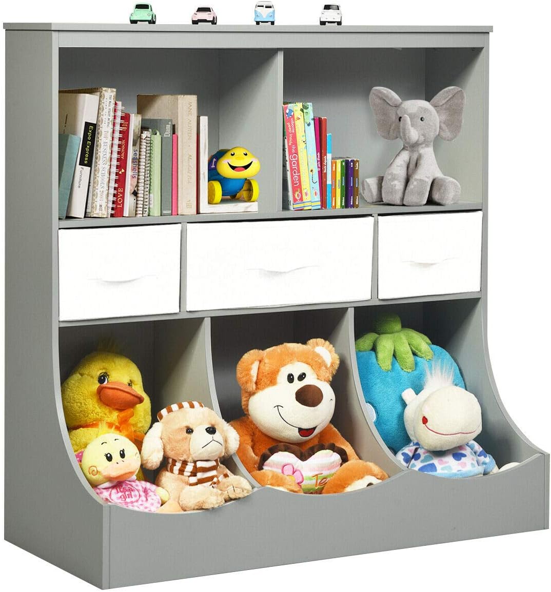 3-Tier Kids Bookcase Storage Organizer Cabinet Shelf with 8 Compartment Box and 3 Removable Drawers (White) B790694