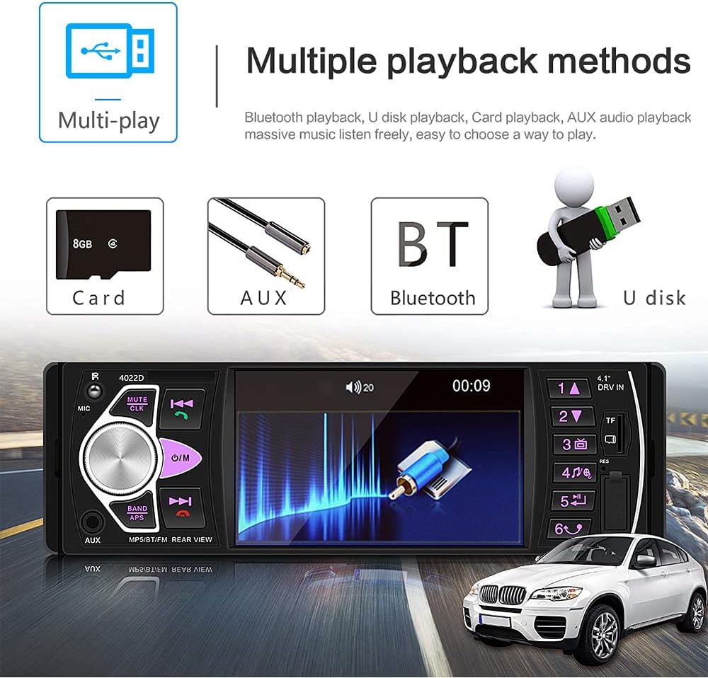 4.1 '' HD Screen Single Din Car Stereo with Bluetooth FM Radio Receiver D9653