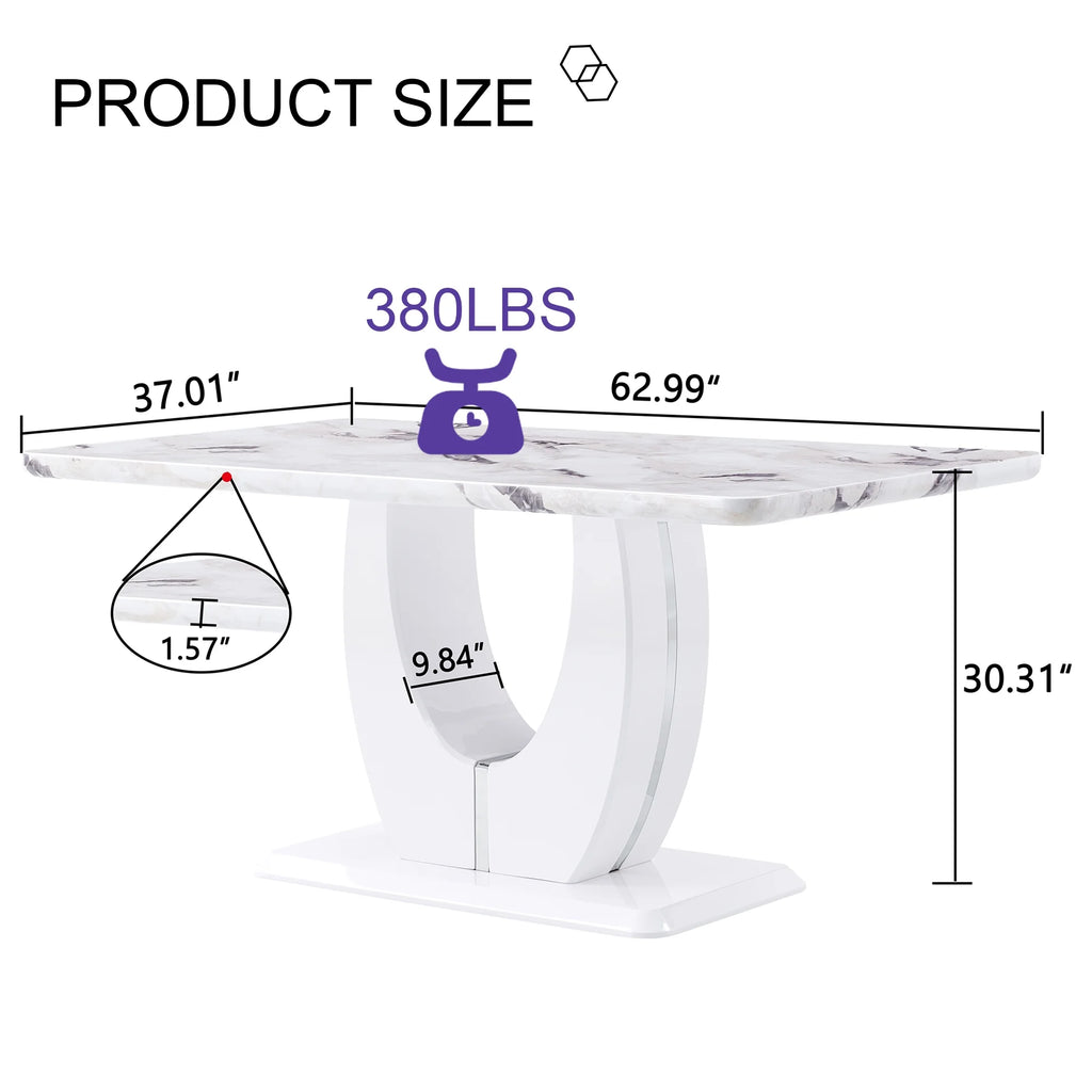 63" White Faux Marble Dining Table for 6 L3271