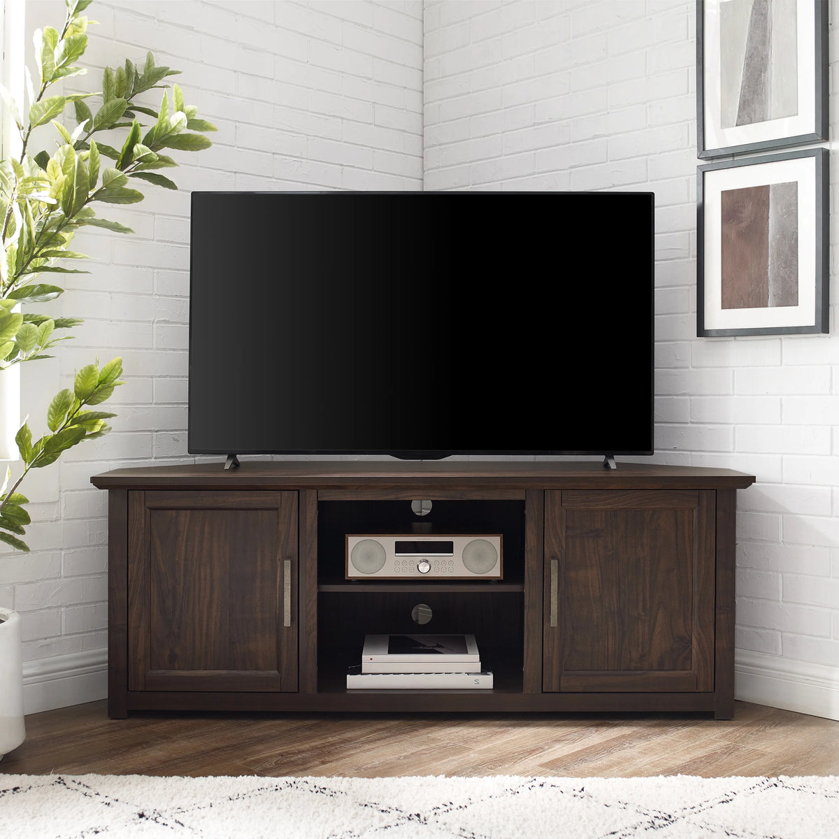 58" Rustic Wood Corner TV Stand in Dark Walnut B70401