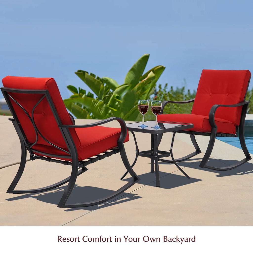 3-Piece Black Metal Rocking Chairs and Table with Brown Cushions O249
