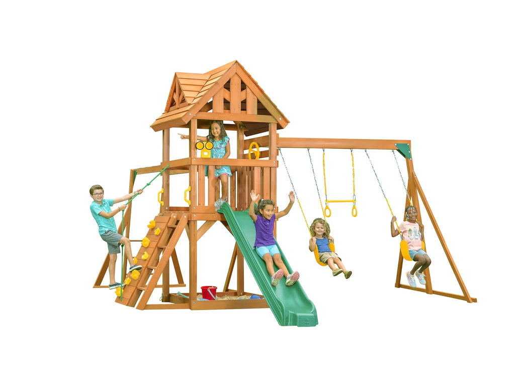 Cedar Swingset with Wooden Roof, Monkey Bars, Climbing Wall, Slide, Sandbox, Belt Swings and Trapeze Q16547