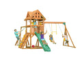 Cedar Swingset with Wooden Roof, Monkey Bars, Climbing Wall, Slide, Sandbox, Belt Swings and Trapeze Q16547