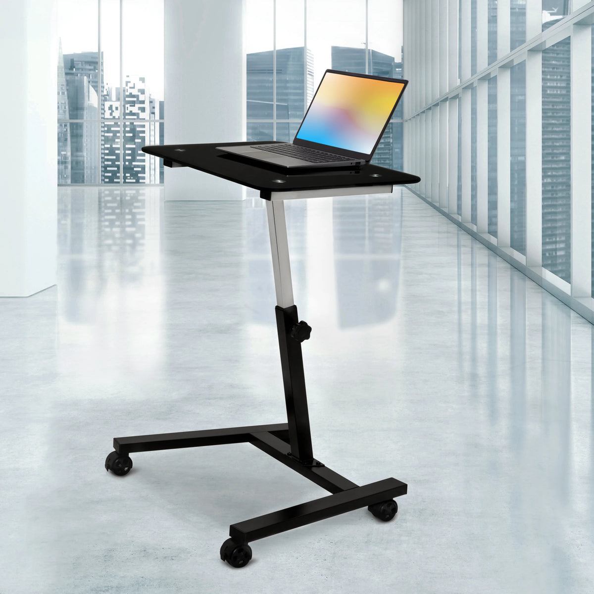 Black Tempered Glass Height Adjustable Mobile Laptop Desk Cart C490323