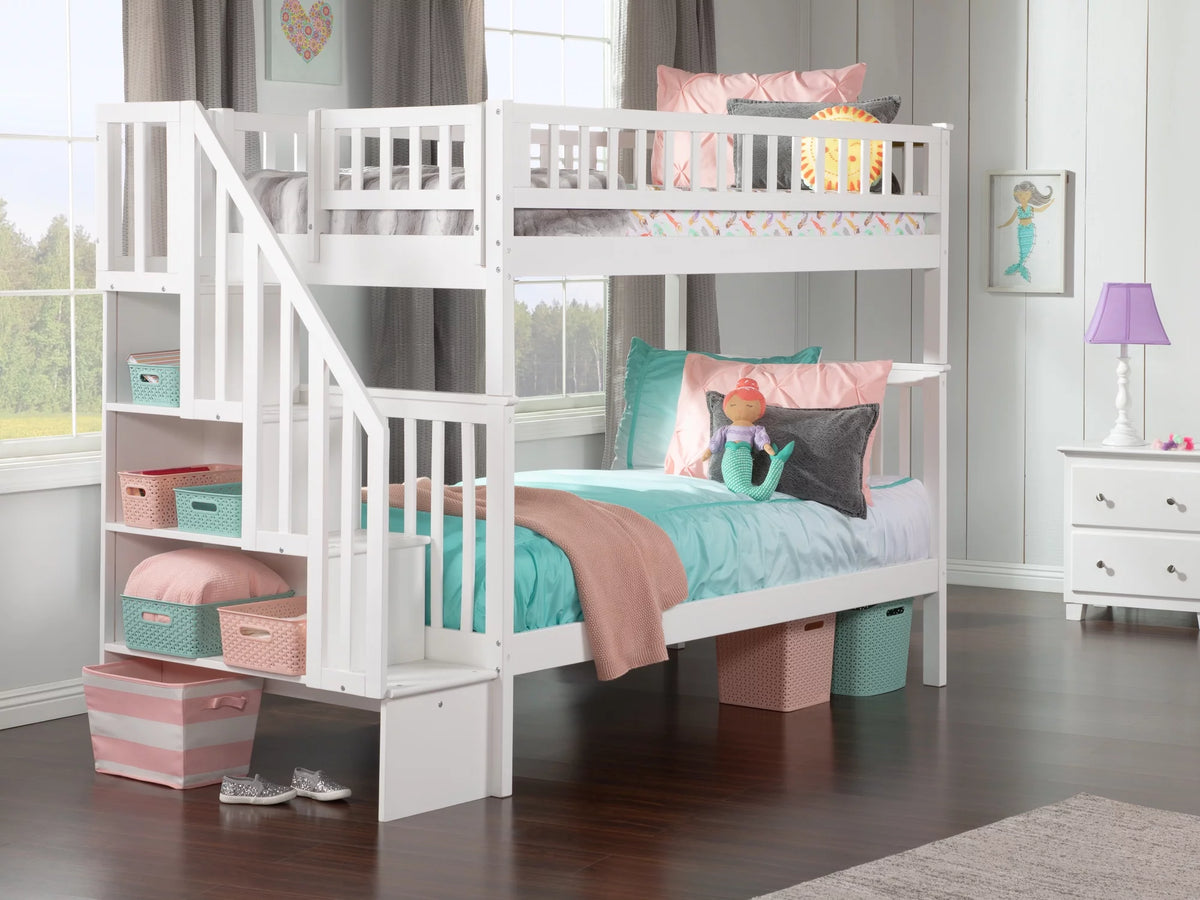Twin Over Twin Solid Wood Staircase Bunk Bed in White Q745