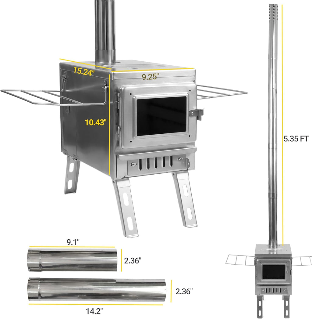 Camping Tent Stove with Large Firebox, View Glass, Pipes and Slide Air Intake Valve E981315