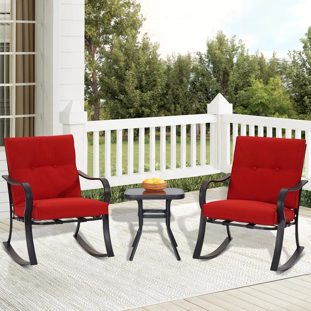3-Piece Black Metal Rocking Chairs and Table with Brown Cushions O249