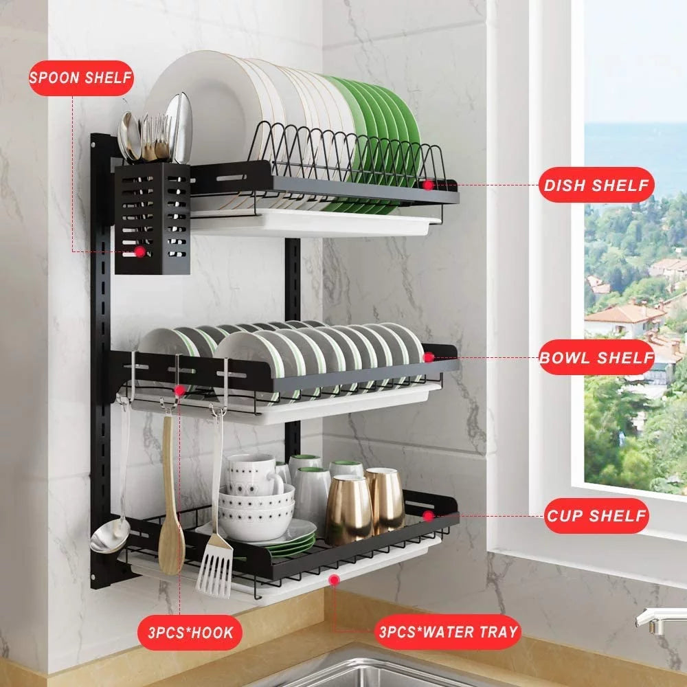 Black Stainless Steel 3 Tier Dish Drying Rack with Drainboard G107