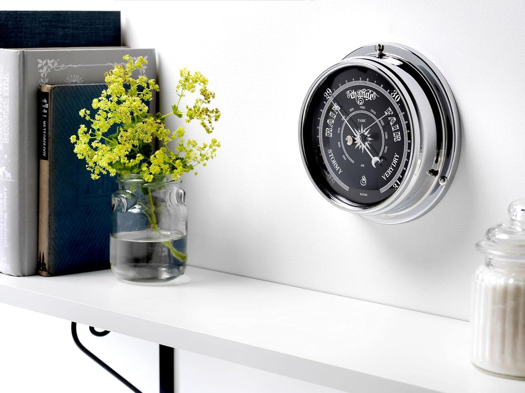 Chrome Barometer with Jet Black Dial, Heavy Brass Case P29983