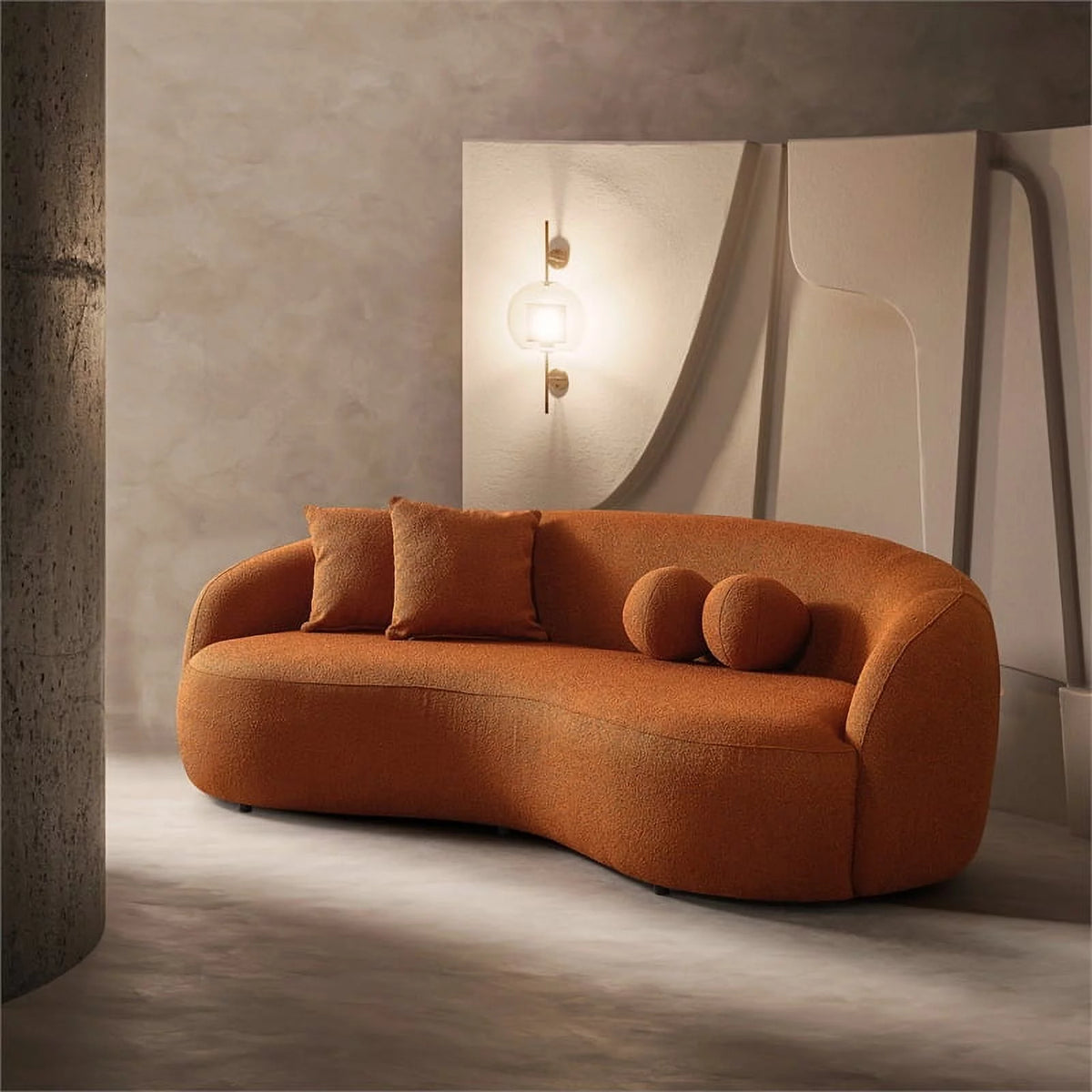 Orange Boucle Fabric Curvy Couch E283