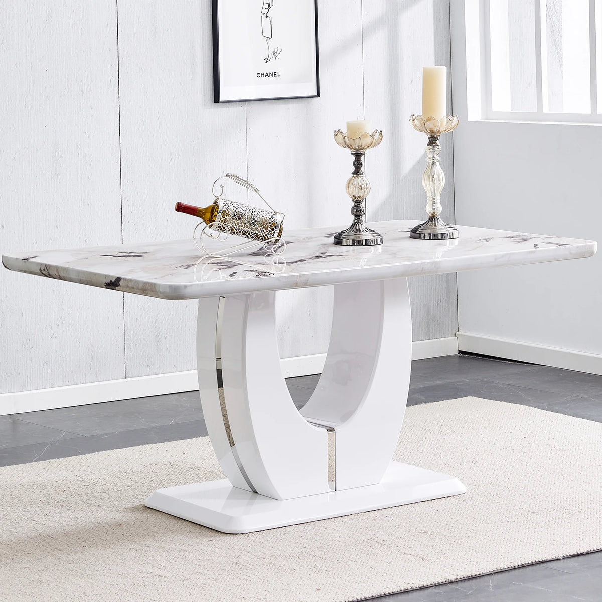 63" White Faux Marble Dining Table for 6 L3271