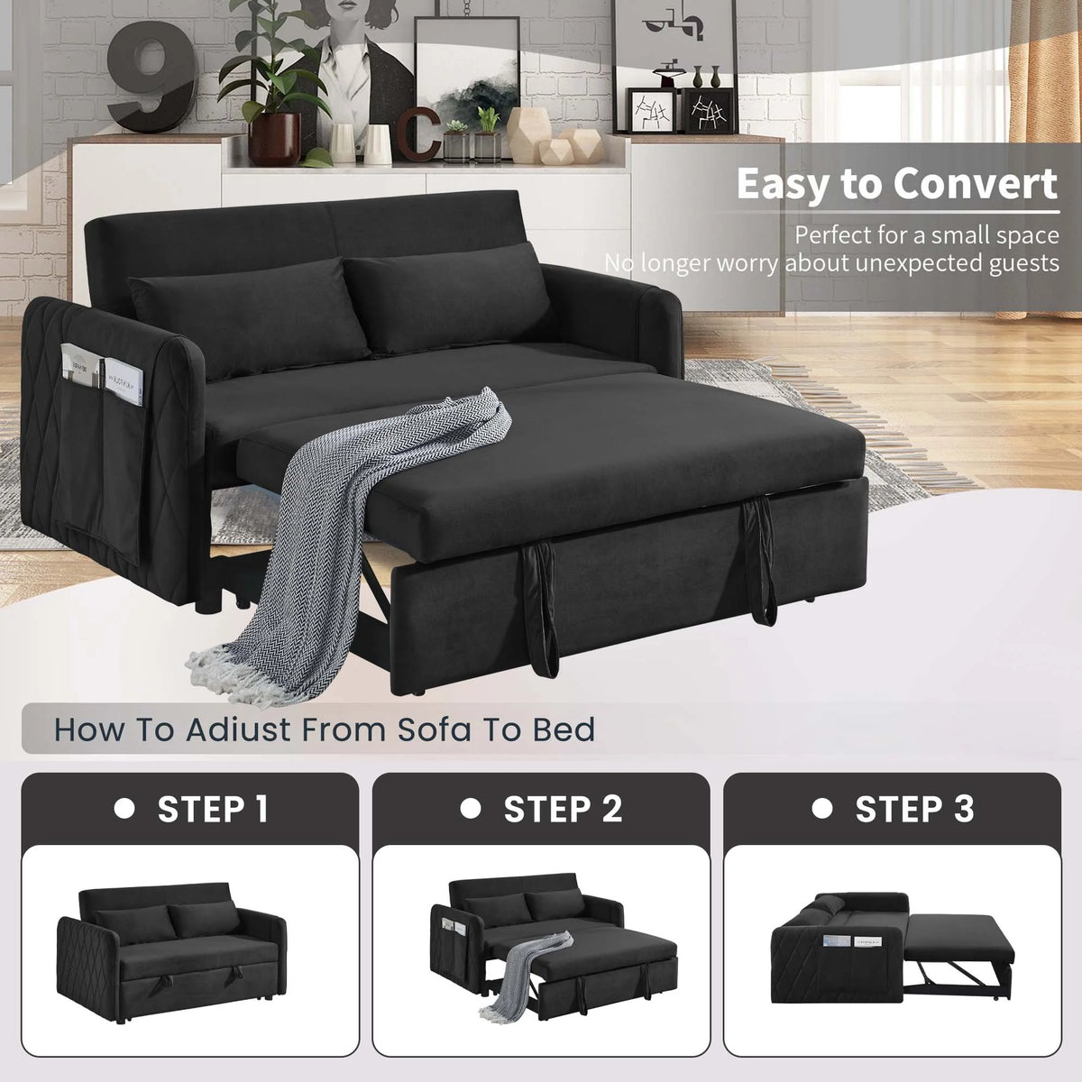 Black Pull Out Loveseat Sofa Bed with 2 Detachable Arm Pockets V13103