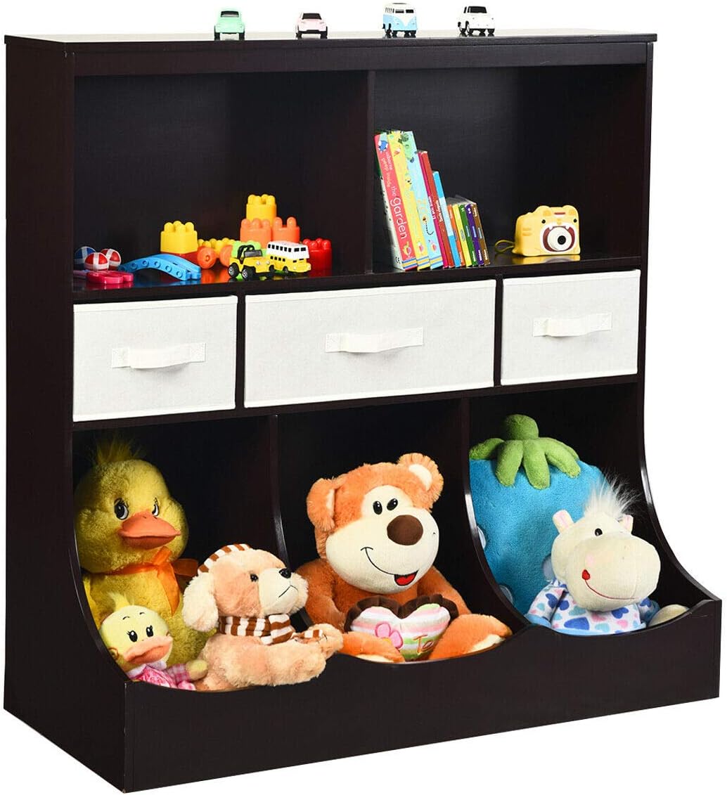 3-Tier Kids Bookcase Storage Organizer Cabinet Shelf with 8 Compartment Box and 3 Removable Drawers (White) B790694