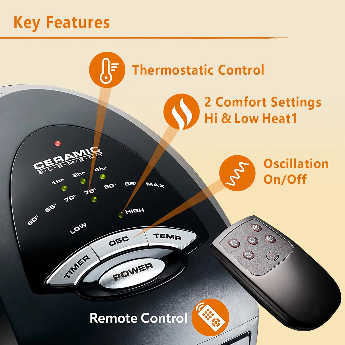 Oscillating Tower Space Heater with Adjustable Thermostat Timer & Remote Control, 22.5 Inches 1500W Grey/Black I6699