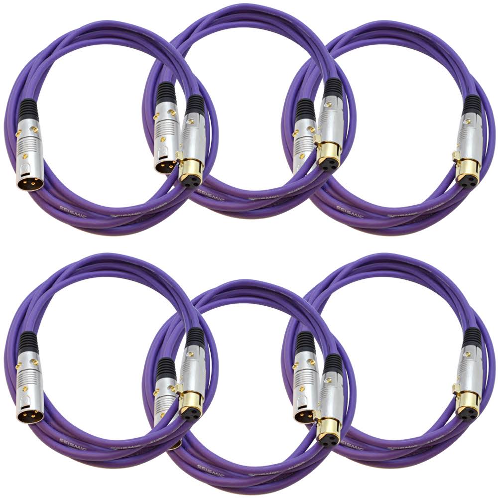 6 Pack 10 Foot Purple Gold Plated XLR Microphone Patch Cables X13655