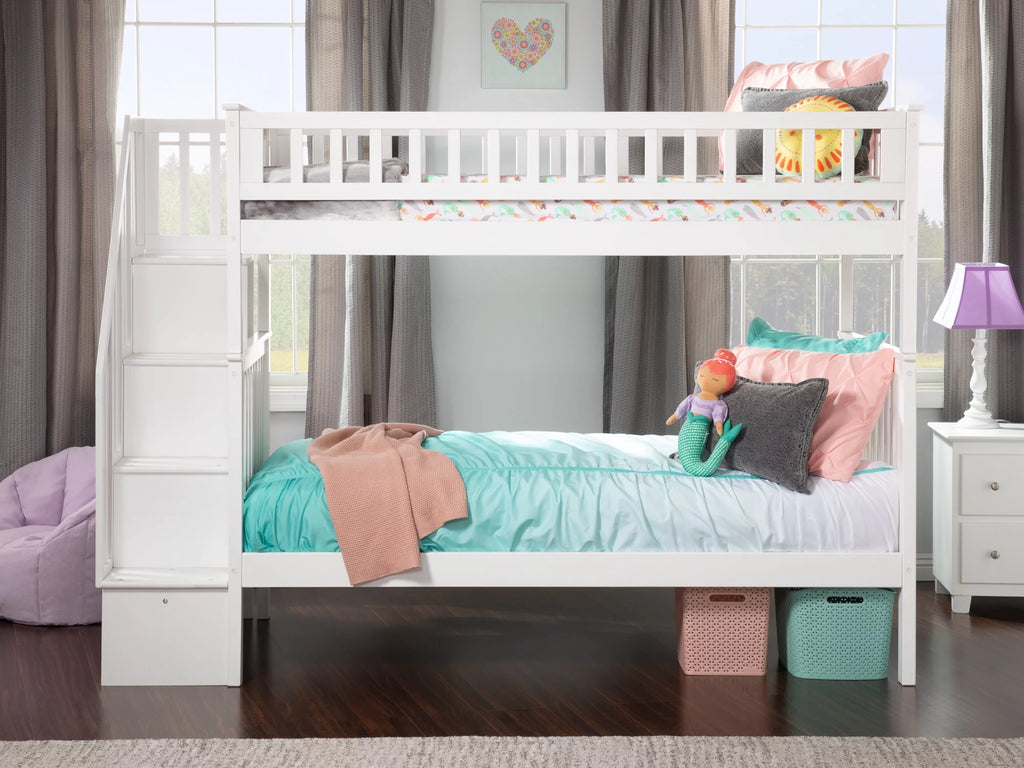Twin Over Twin Solid Wood Staircase Bunk Bed in White Q745
