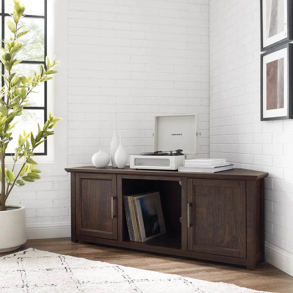 58" Rustic Wood Corner TV Stand in Dark Walnut B70401