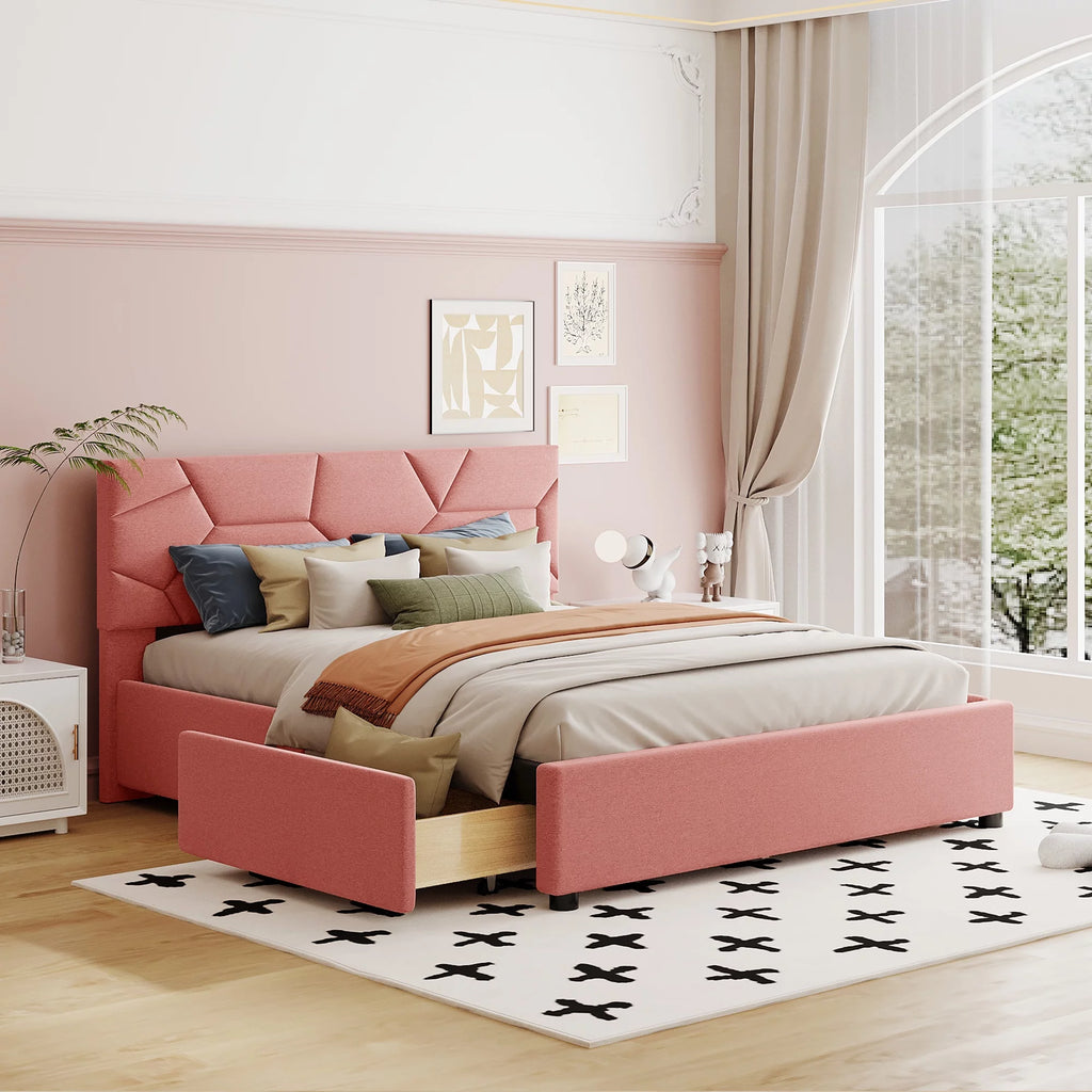 Queen Size Upholstered Platform Bed with 4 Drawers Y80709