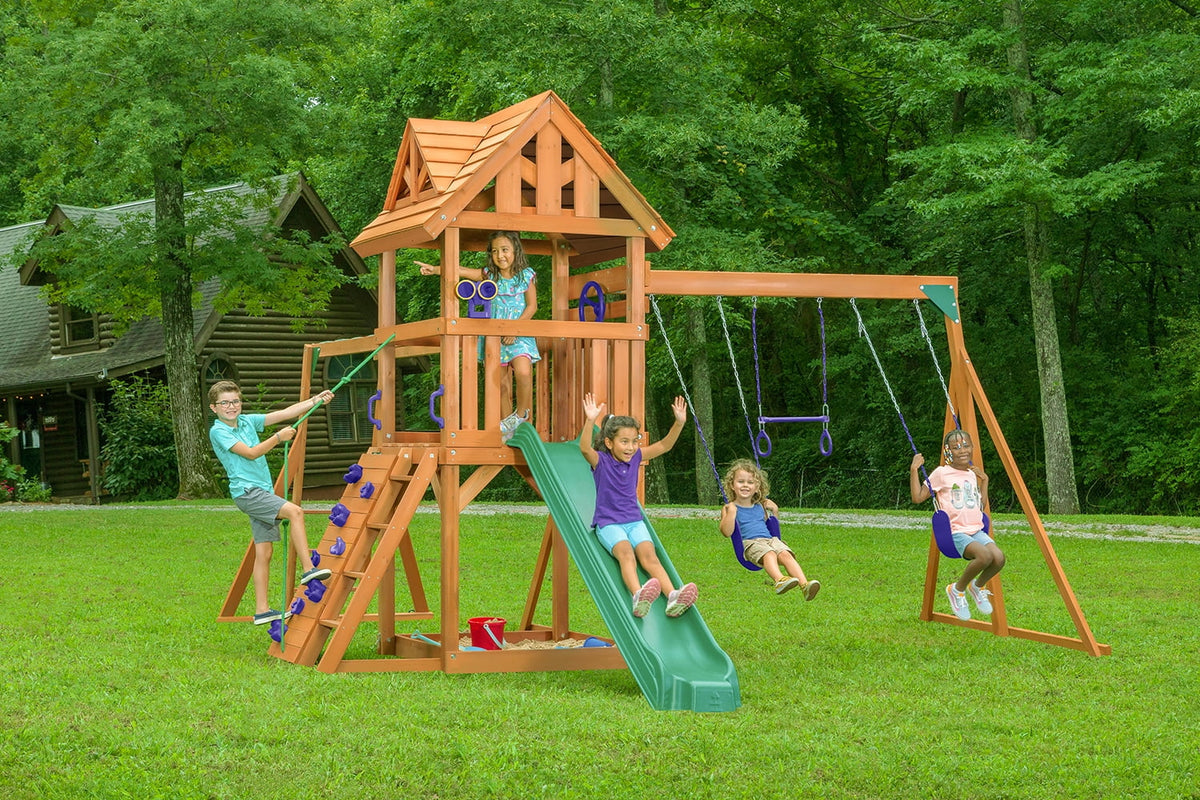 Cedar Swingset with Wooden Roof, Monkey Bars, Climbing Wall, Slide, Sandbox, Belt Swings and Trapeze Q16547