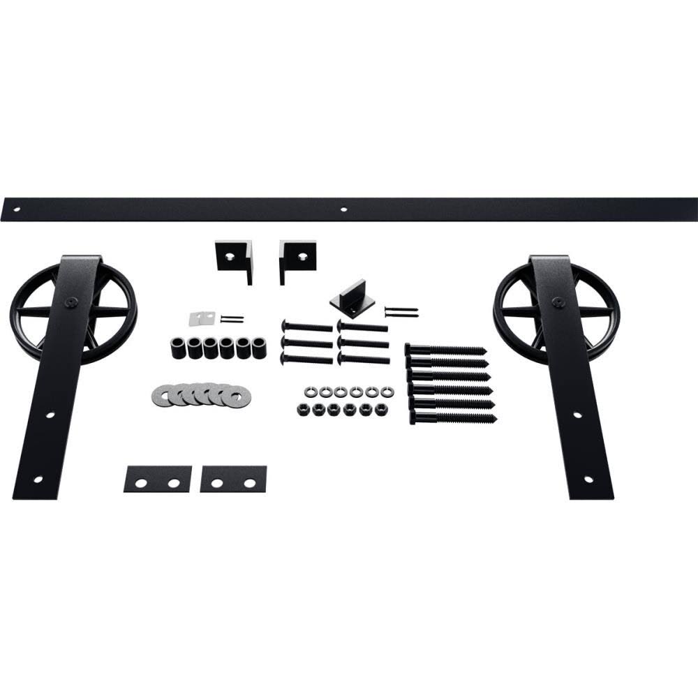 Wagon Wheel Strap Barn Door Hardware Set with 5 ft Track for 2 1/4x22 Doors, Dark Gray E37841
