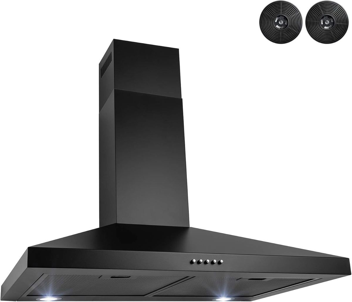 Black Painted Stainless Steel Kitchen Wall Mount Range Hood with Carbon Filters K69449