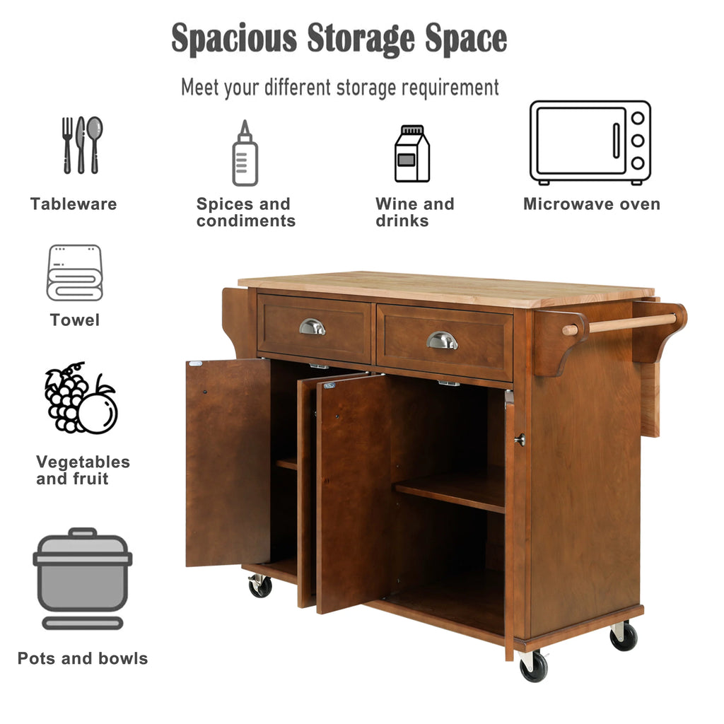 Rolling Kitchen Island Cart with Drop Leaf, 2 Drawers, Spice Rack W241