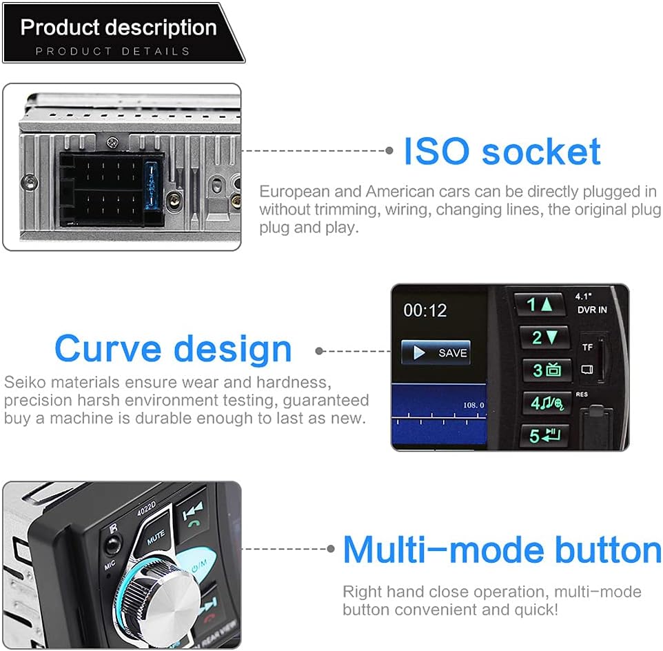 4.1 '' HD Screen Single Din Car Stereo with Bluetooth FM Radio Receiver D9653