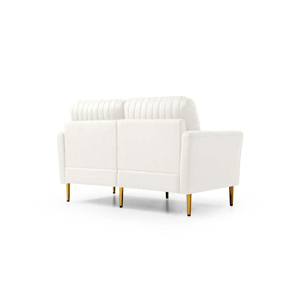 Cream Velvet Channel Tufted Loveseat with 2 Pillow and Gold Legs L471010