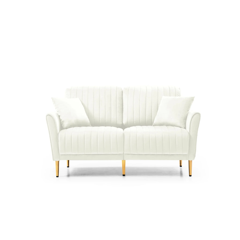 Cream Velvet Channel Tufted Loveseat with 2 Pillow and Gold Legs L471010