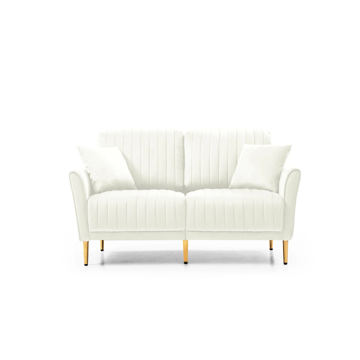 Cream Velvet Channel Tufted Loveseat with 2 Pillow and Gold Legs L471010
