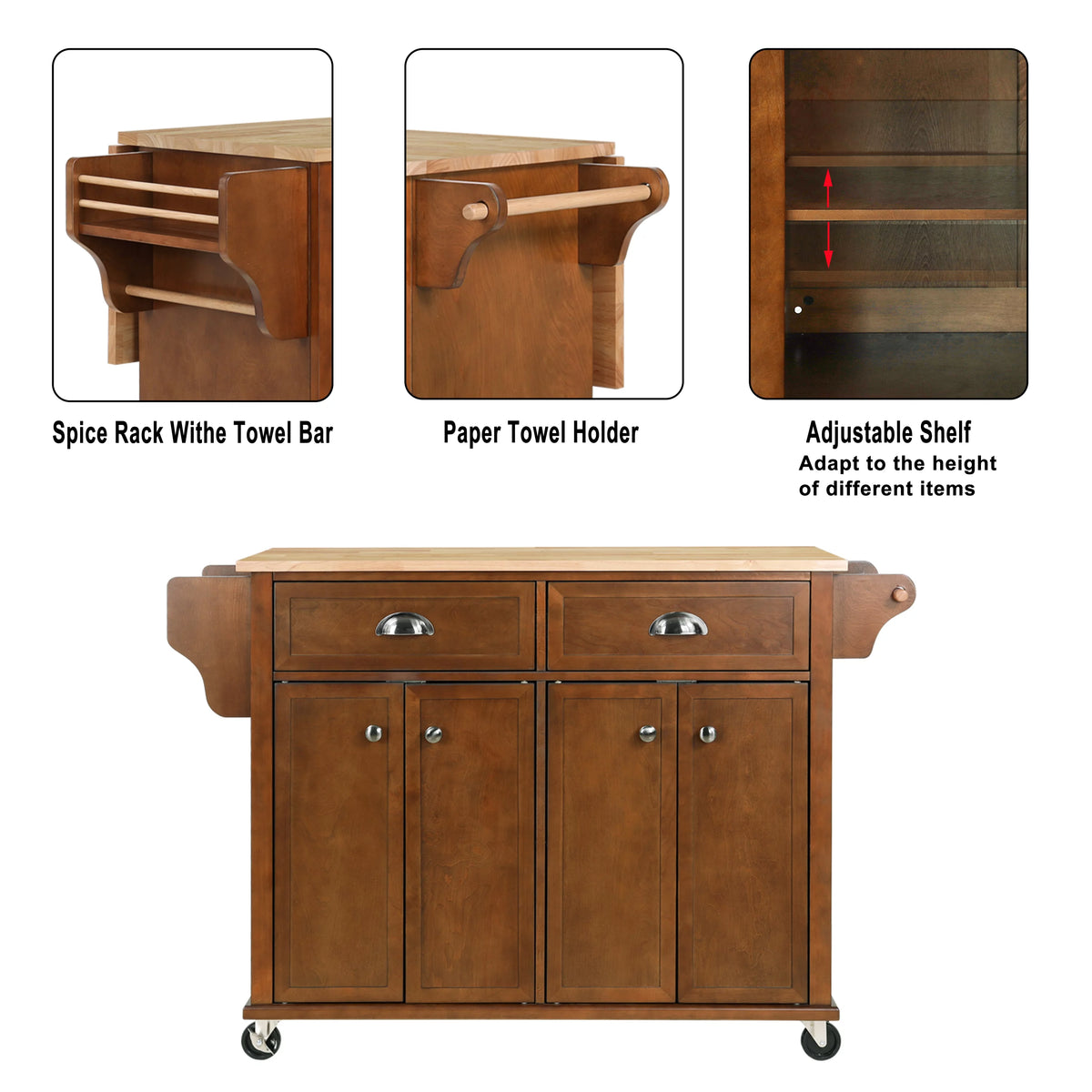 Rolling Kitchen Island Cart with Drop Leaf, 2 Drawers, Spice Rack W241