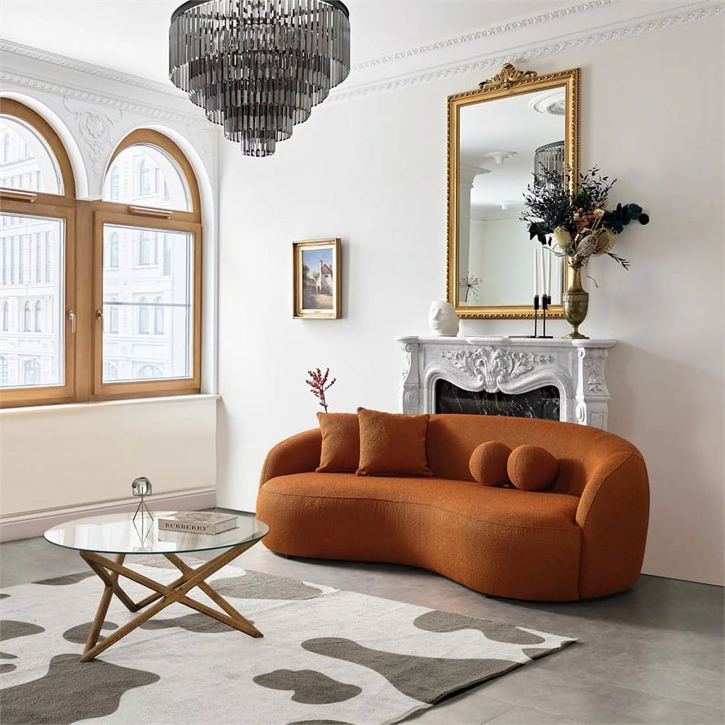 Orange Boucle Fabric Curvy Couch E283