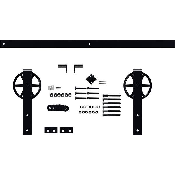 Wagon Wheel Strap Barn Door Hardware Set with 5 ft Track for 2 1/4x22 Doors, Dark Gray E37841