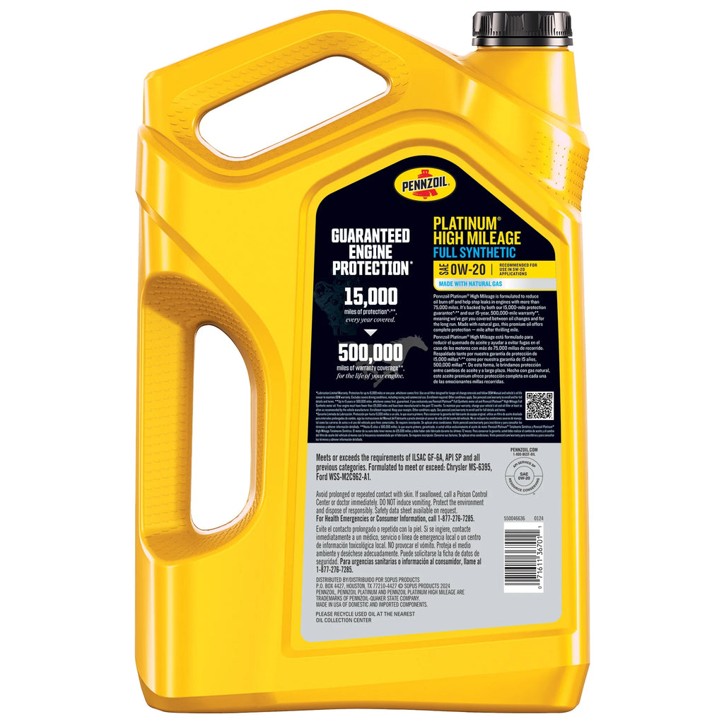0W-20 Full Synthetic High Mileage Motor Oil, 5 Quart G666