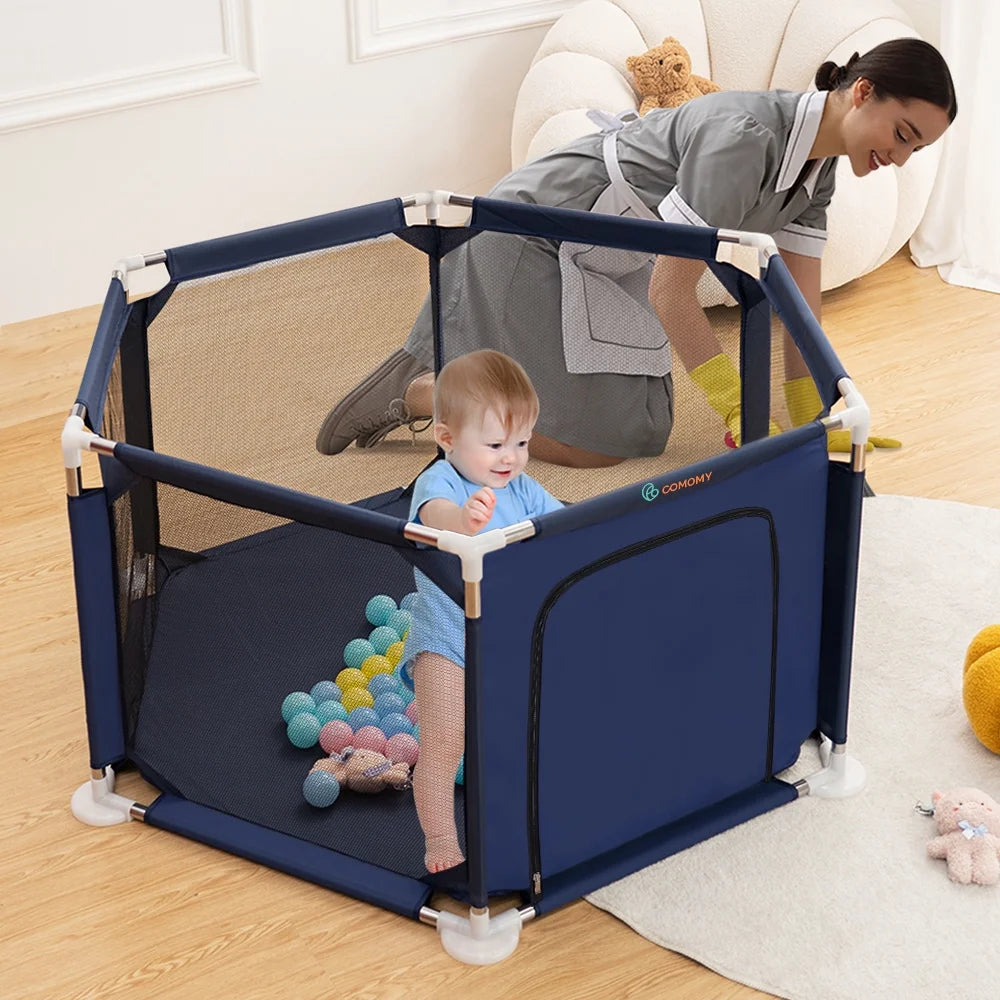 Blue 6 Panel Portable Baby Playpen J4410