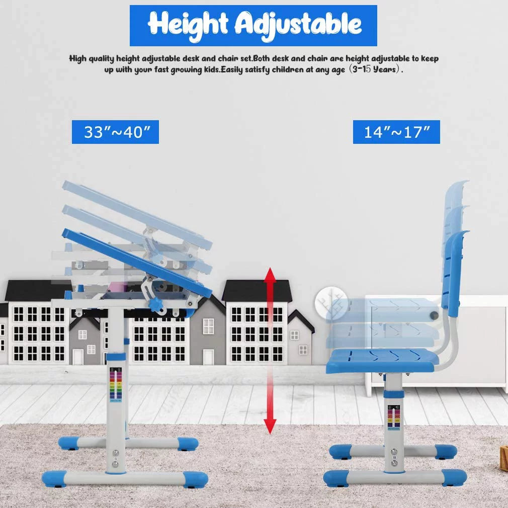 Kids Desk and Chair Set with Tilt Desktop, Height Adjustable, Storage Drawers, Blue N222