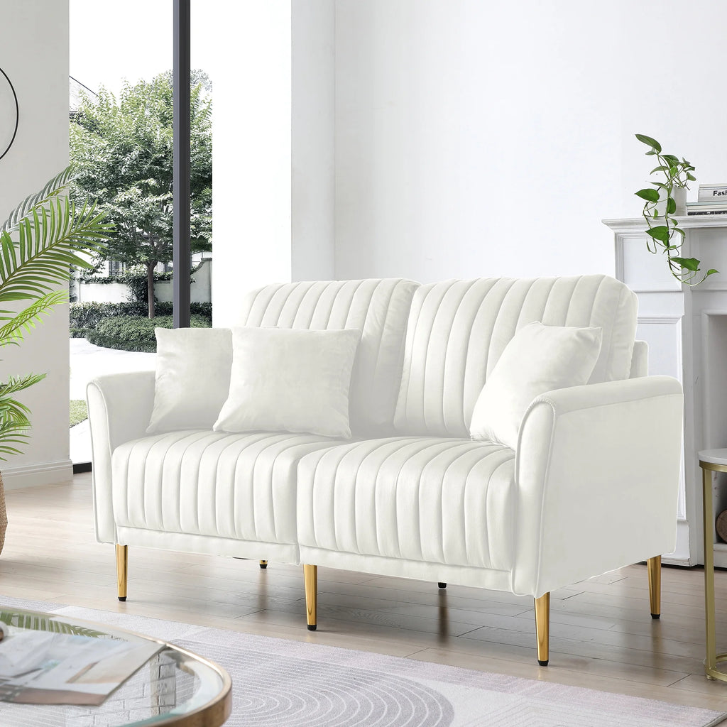 Cream Velvet Channel Tufted Loveseat with 2 Pillow and Gold Legs L471010