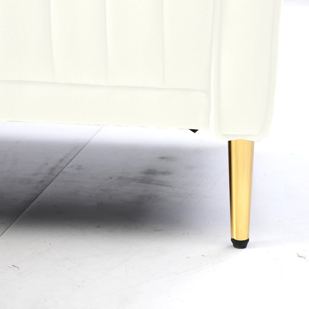 Cream Velvet Channel Tufted Loveseat with 2 Pillow and Gold Legs L471010