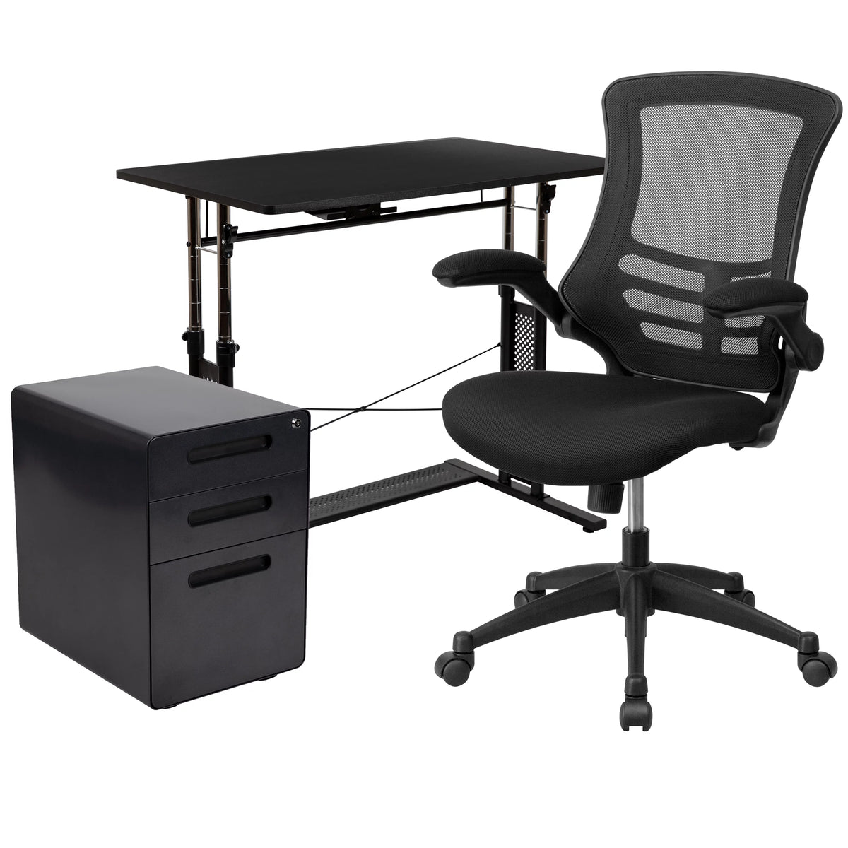 Adjustable Computer Desk, Ergonomic Mesh Office Chair and Mobile Filing Cabinet E485470