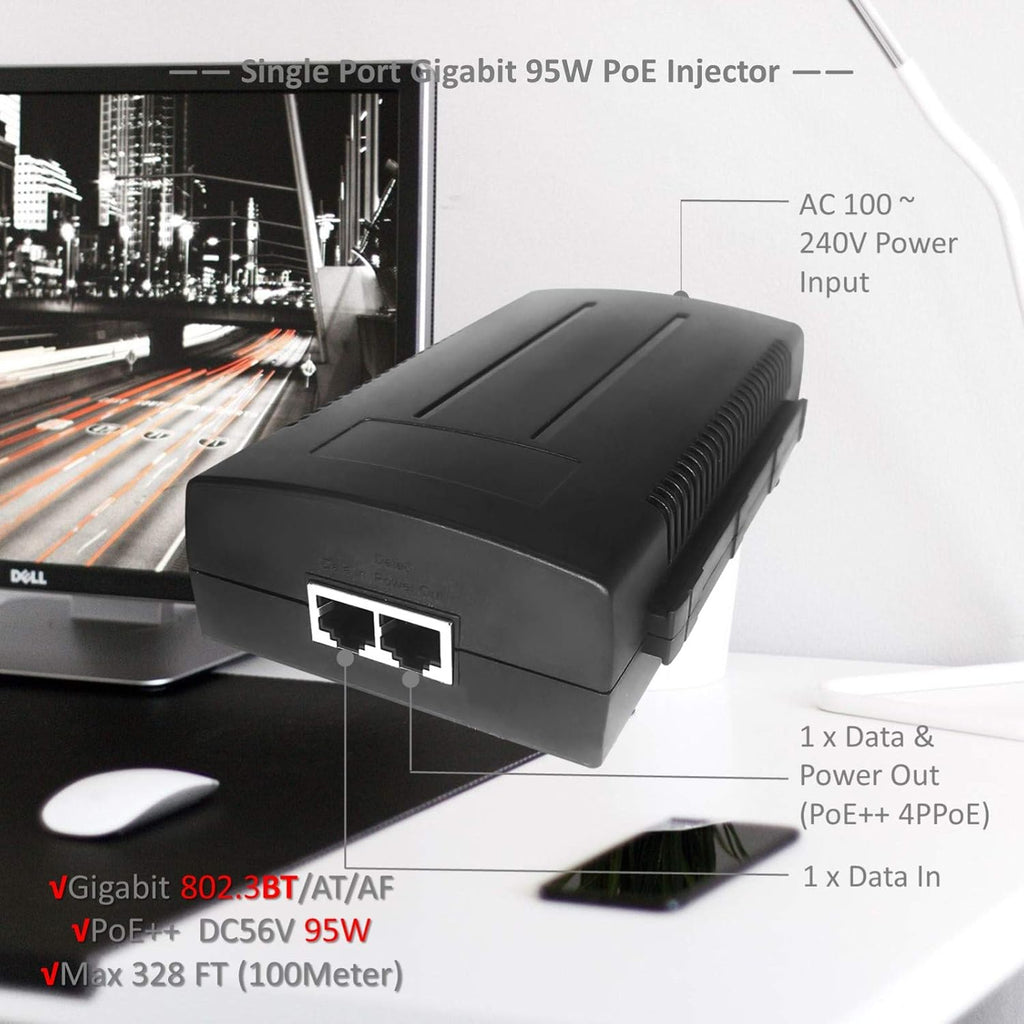 PoE Injector, Single Port 56V 95W Gigabit PoE++ Switch Midspan T564100