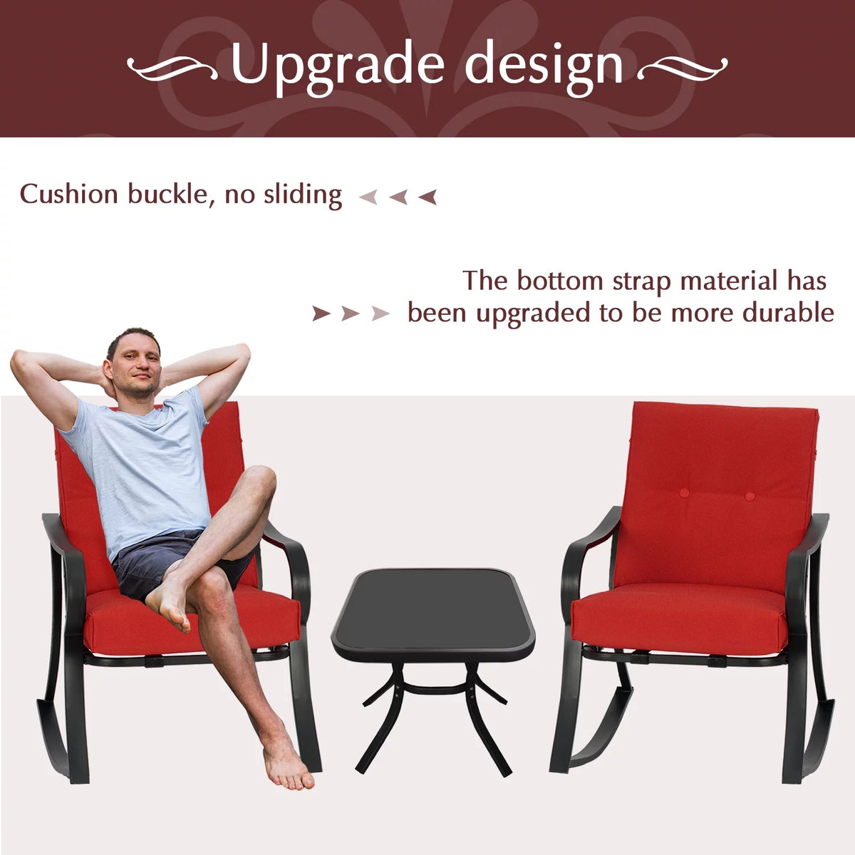 3-Piece Black Metal Rocking Chairs and Table with Brown Cushions O249