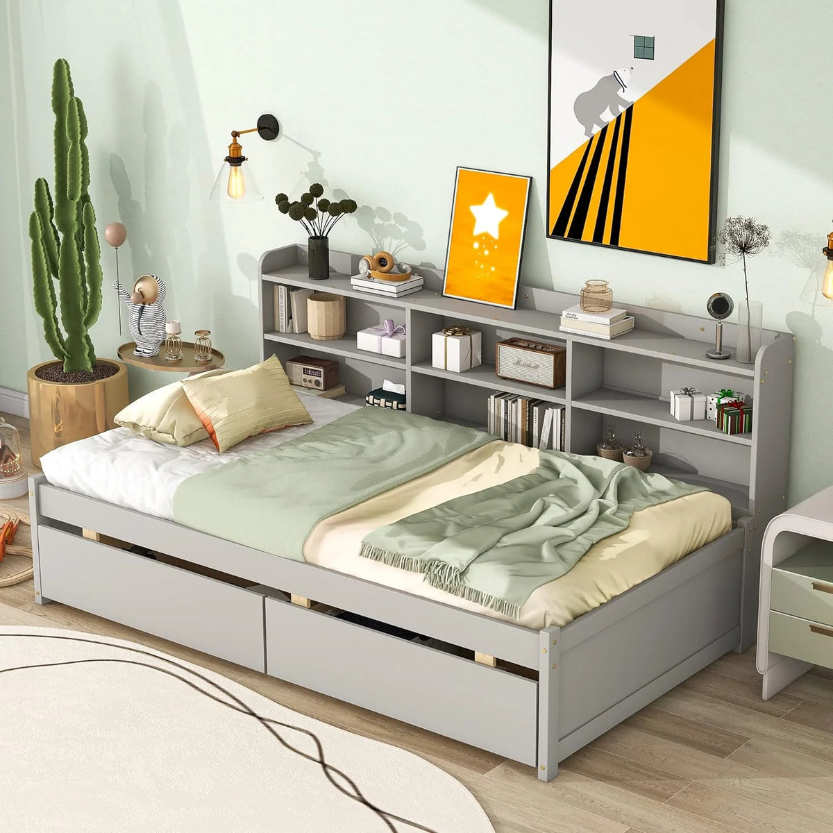 Grey Wood Bed with 2 Storage Drawers G84919