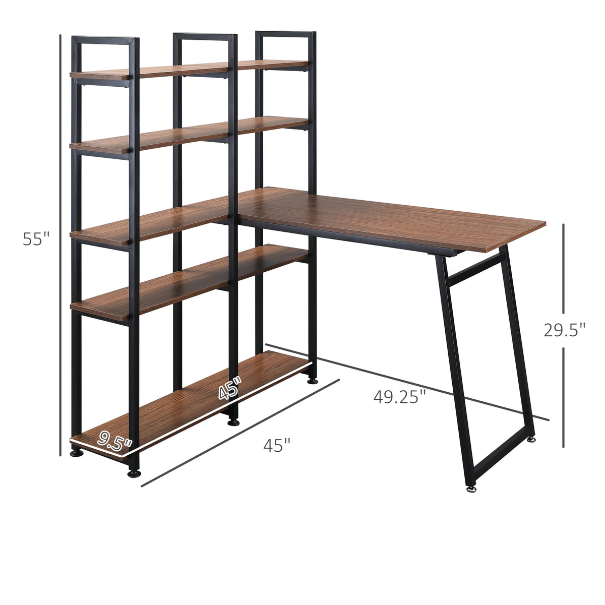 Black Walnut L-Shaped Computer Desk with Display Shelves O9547