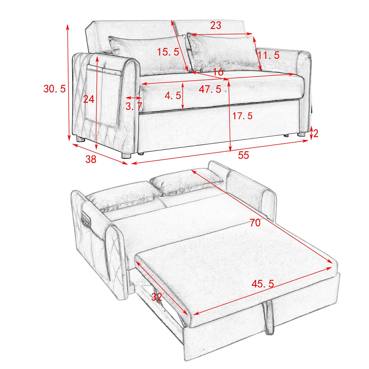 Black Pull Out Loveseat Sofa Bed with 2 Detachable Arm Pockets V13103