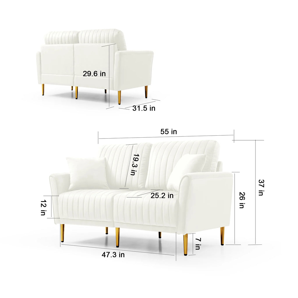 Cream Velvet Channel Tufted Loveseat with 2 Pillow and Gold Legs L471010